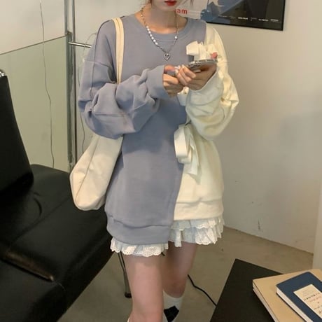 バイカラー リボン トレーナー トップス クルーネック ゆったり 不規則デザイン 長袖 レトロ 韓国ファッション レディース 大人可愛い ガーリー フェミニン DTC-655495373963