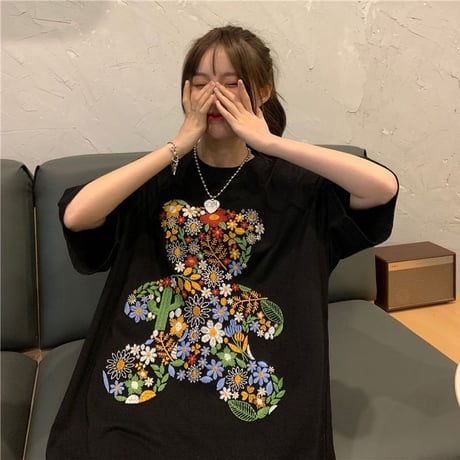 Tシャツ くまちゃん 花 刺繍 半袖 オーバーサイズ 韓国ファッション レディース トップス ベアー 大きめ カジュアル ストリートファッション DTC-643234188804