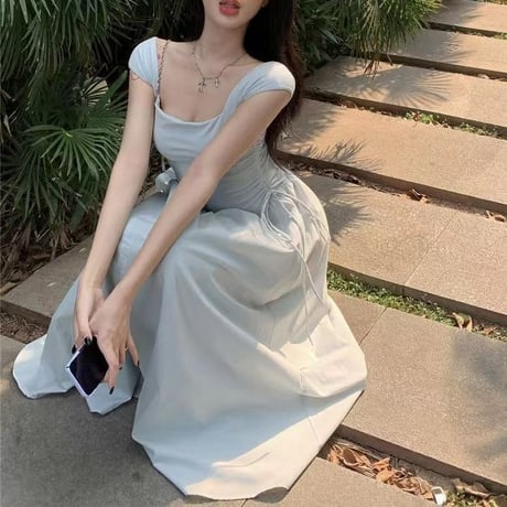 ワンピース サイドリボン フレア プリーツ Aライン ハイウエスト ノースリーブ ロングワンピース スリム レトロ 大人可愛い ガーリー DTCA-709334685571