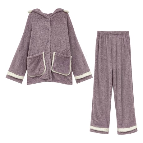 【ルームウェア】 フリース パジャマ セットアップ トップス + パンツ シャーク サメ 長袖 ブルー パープル 上下セット 韓国ファッション レディース ガーリー DTC-628699765024