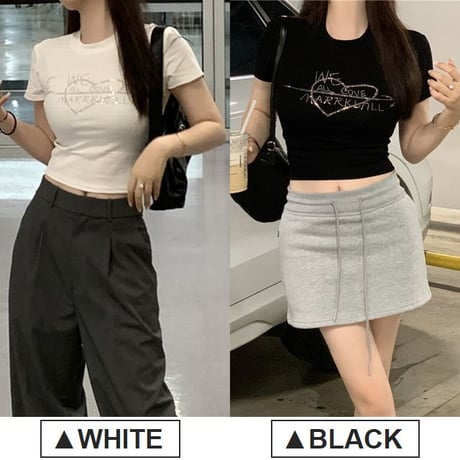 Tシャツ ラインストーン ハート ロゴ コンパクトTシャツ クロップド丈 ショート丈 トップス スリムフィット 半袖 レトロ 大人可愛い ガーリー カジュアル DTCA-820673482384