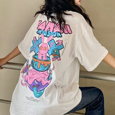 ユニセックス Tシャツ 半袖Tシャツ 半袖 ラビット プリント クルーネック オーバーサイズ 大きめ 韓国ファッション メンズ レディース カジュアル ストリート系 DTC-619532029329