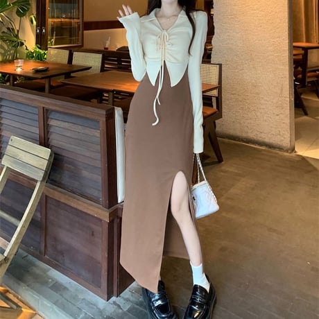 フェイクレイヤード ワンピース ドッキングワンピース 襟付き ハイウエスト スリット ロング丈 Aライン レトロ 韓国ファッション レディース 大人可愛い ガーリー DTC-703963287461