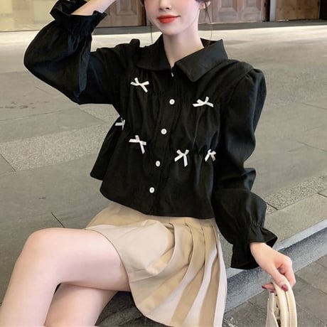 シャツ ブラウス ショート丈 リボン シャーリング 長袖 レトロ 韓国ファッション レディース 大人可愛い ガーリー フェミニン DTC-656433933514