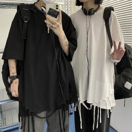 ユニセックス tシャツ フェイクレイヤード フリンジ 半袖 無地 オーバーサイズ メンズ レディース 大きめ カジュアル ストリート ファッション DTC-639677393958