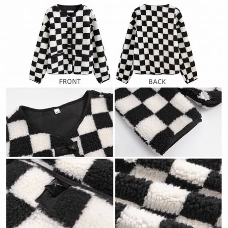ボアジャケット ブロックチェック柄 ショートジャケット ノーカラージャケット チェック柄 襟なし 厚手 ボア 韓国ファッション レディース 大人可愛い ガーリー DTC-656660625592