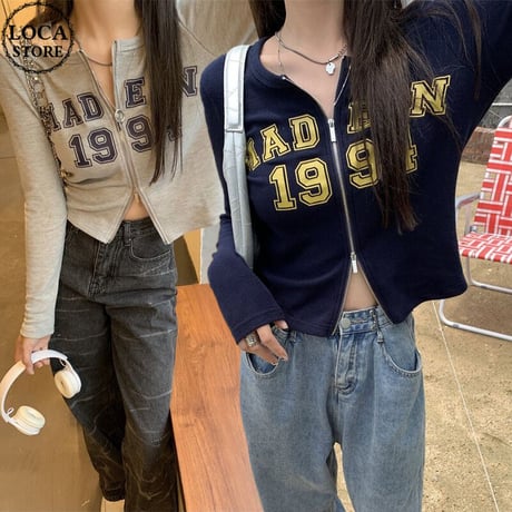 【2カラー】 トップス ジップアップ ショート丈 スリム 古着風 長袖 レトロ 韓国ファッション レディース 大人可愛い ガーリー カジュアル DTC-652255998537