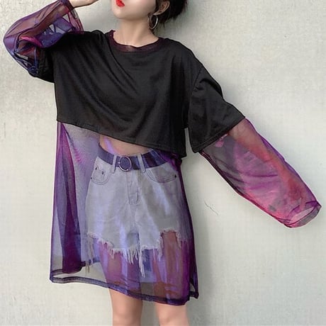 レディース Tシャツ ドッキング シースルー 無地 ラウンドネック トップス ガーリー フェミニン 韓国ファッション (DCT-598080019695)