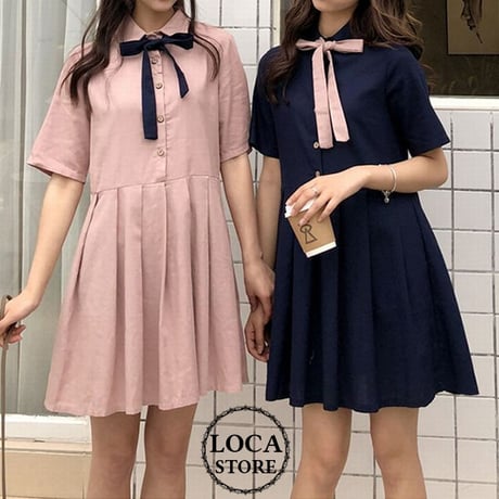 レディース ワンピース プリーツスカート 薄手 ボウタイ リボン ゆったり ガーリー 韓国ファッション (DCT-591685926711)