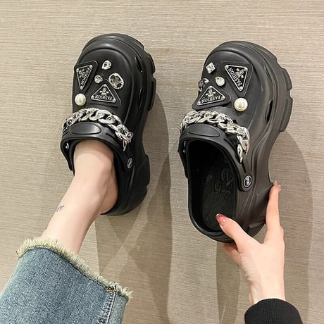 2way 厚底 サンダル 22.0～25.0cm ビジュー チェーン スリッパ ビーチサンダル 厚底サンダル トレンド 韓国ファッション レディース DTC-703753329040
