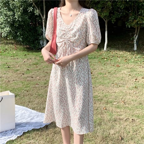 花柄ワンピース ギャザー Vネック パフ袖 ハイウエスト 半袖 Aライン ロング丈 シンプル 韓国ファッション レディース 大人可愛い ガーリー フェミニン DTC-644250041473
