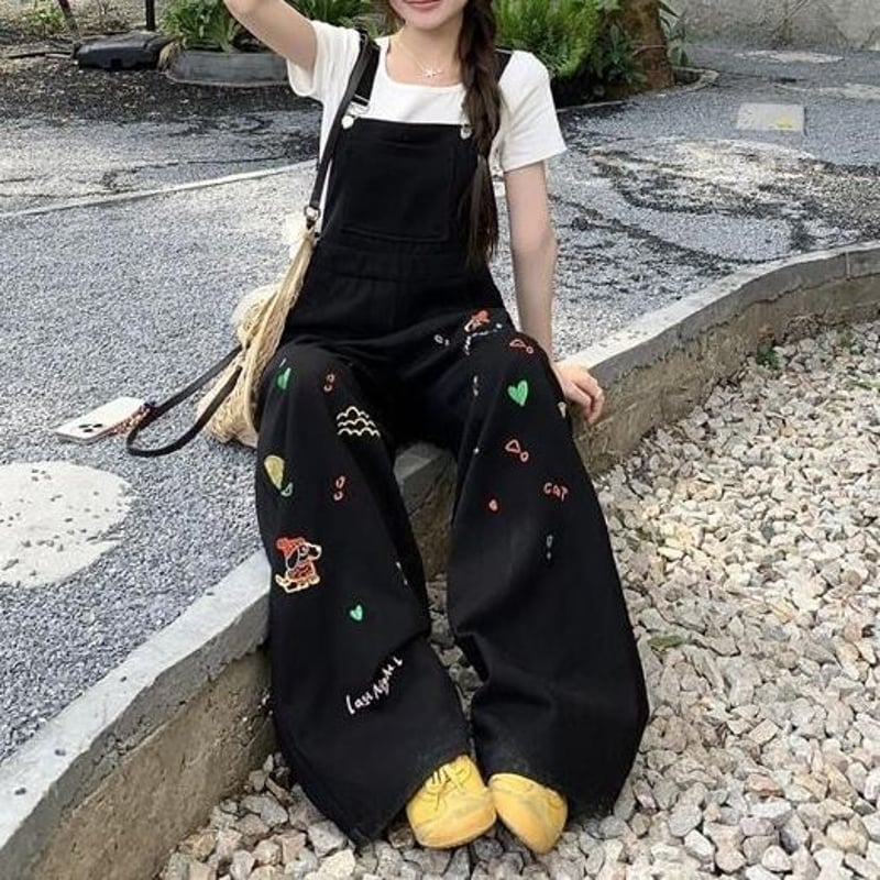 デニムオーバーオール スカル刺繍付き デニム サロペットパンツ オーバーオール 刺繍入り オールインワン