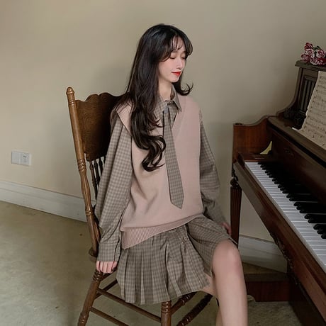 セットアップ ニットベスト ＋ ワンピース チェック柄 韓国ファッション レディース ボウタイ リボンタイ プリーツスカート DTC-613089447500