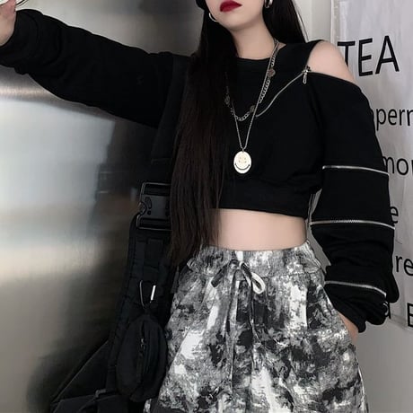ショート丈 トップス ファスナー Tシャツ スリット オフショルダー トレーナー プルオーバー ルーズ ゆったり 長袖 韓国ファッション レディース カジュアル DTC-733212755331