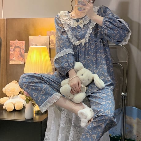 ルームウェア セットアップ パジャマ 花柄 レース リボン フリル トップス パンツ 上下セット 韓国ファッション レディース 大人可愛い ガーリー フェミニン DTC-656976139006