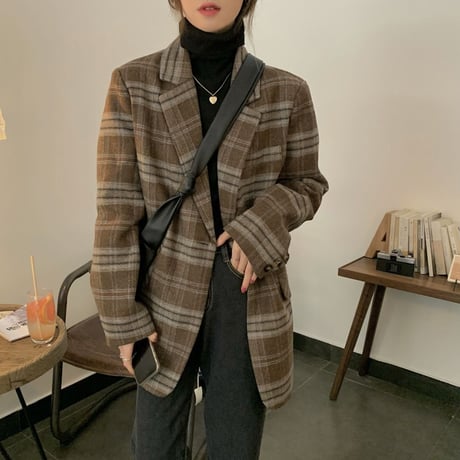 チェック柄 ウールジャケット シングルブレスト 長袖 ルーズ 韓国ファッション レディース ジャケット 大人可愛い ガーリー レトロ DTC-654505471003