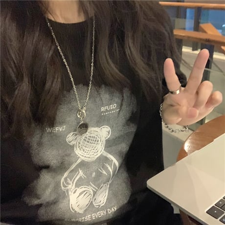 Tシャツ 半袖 クマちゃん ベアー プリント ラウンドネック オーバーサイズ 韓国ファッション レディース 大きめ ガーリー カジュアル ストリートファッション DTC-646471922876