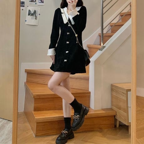 襟付きワンピース リボン ビジュー 大きい襟 ハイウエスト 長袖 Aライン レトロ ワンピース 韓国ファッション レディース 大人可愛い ガーリー フェミニン DTC-662241012829