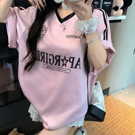 Tシャツ ユニフォーム風 サイドライン Vネック トップス 半袖 オーバーサイズ レトロ 韓国ファッション レディース 大人可愛い ガーリー スポーツミックス DTC-812444710826