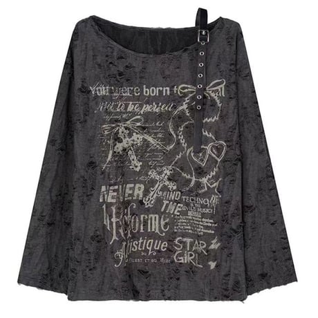 ワンショルダー ダメージ加工 トップス ストラップ tシャツ グラフィックプリント オーバーサイズ ロンt 長袖 韓国ファッション レディース 大人可愛い ガーリー DTCA-822110064294