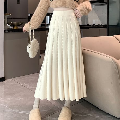 ニットスカート 厚手 マーメイドスカート プリーツスカート ロング丈 ハイウエスト スカート ウエストゴム レトロ 韓国ファッション レディース 大人可愛い ガーリー DTC-756880446087