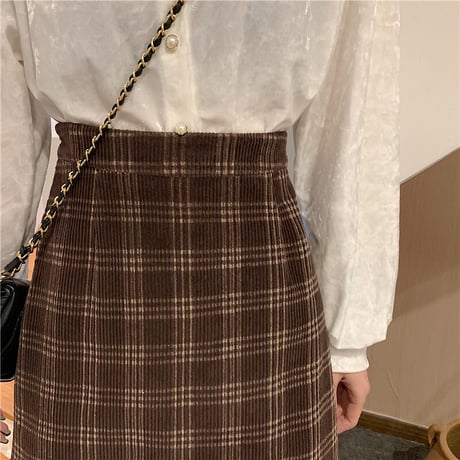 チェック柄 コーデュロイスカート ハイウエスト 韓国ファッション レディース ロングスカート タイトスカート 大人可愛い ガーリー DTC-628449073016