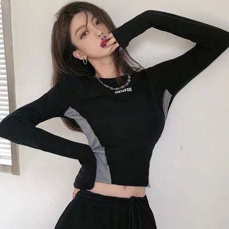 ロンT バイカラー 配色 ショート丈 タイトフィット スリムフィット tシャツ クルーネック トップス スリムtシャツ カットソー 長袖 レトロ カジュアル DTCA-821891655851