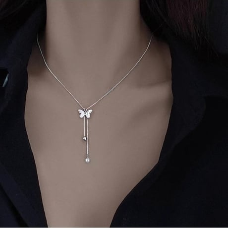 バタフライモチーフ イミテーションパール ネックレス チェーン付き レディース ペンダント アクセサリー 合金 シンプル ジュエリー アクセサリー DTCA-892215471585