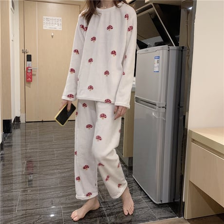 【ルームウェア】 パジャマ セットアップ トップス + パンツ キノコ プリント 長袖 上下セット 長袖 韓国ファッション レディース ガーリー 630650759701
