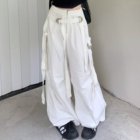 パラシュートパンツ ストラップ ワイドパンツ ストレート パンツ ボトムス ルーズ ハイウエスト レトロ 韓国ファッション レディース 大人可愛い ガーリー DTC-774308250519