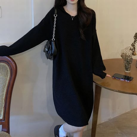 フード付き ニットワンピース ロングワンピース ルーズ ゆったり ルーズウエスト 長袖 レトロ 韓国ファッション レディース 大人可愛い ガーリー DTC-682629628231