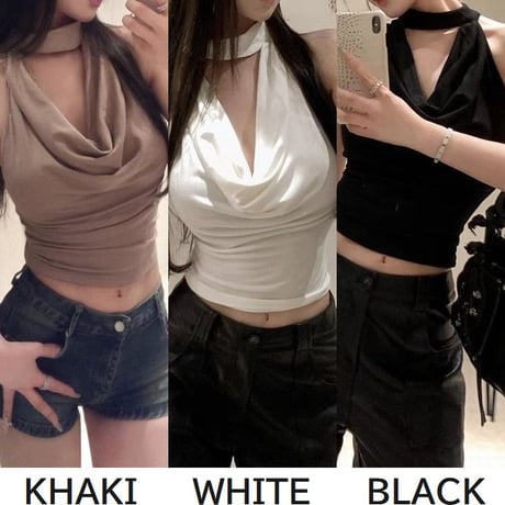 オープンバック ノースリーブ トップス ホルターネック タンクトップ バックオープン バックレス 背中開き tシャツ スリムフィット レトロ 大人可愛い ガーリー DTCA-888244191236