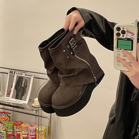 厚底 ショートブーツ 22.5～25.0cm バックル サイドジッパー 厚底ブーツ プラットフォーム ブーツ カジュアル 韓国ファッション レディース DTC-741312023736