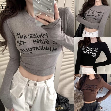 肩パッド付き ロンT スリムフィット ベルベット レタープリント トップス tシャツ ショート丈 長袖 レトロ 韓国ファッション レディース 大人可愛い ガーリー DTCA-845799906745