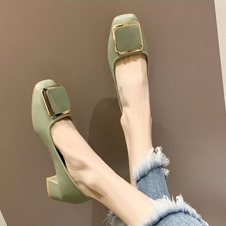 バックル付 パンプス チャンキーヒール 4cm 韓国ファッション レディース シンプル スクエアトゥ シューズ キュート 痛くない かわいい 歩きやすい 610846873186