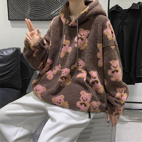 ユニセックス プルオーバー ボアフリースパーカー メンズ レディース 英字 クマちゃん ベアー プリント オーバーサイズ ルーズ ストリート系 ファッション TBN-629554274748