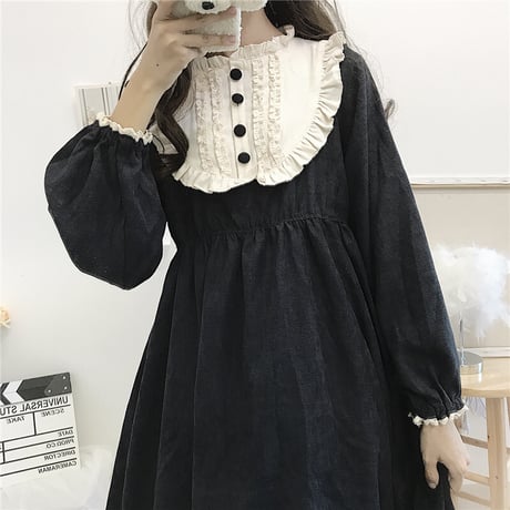 ワンピース ロリータ風ワンピース ロリータ ゴシック フリル ハイウエスト 伸縮性ウエスト 長袖 レトロ ガーリー フェミニン DTC-600749332516