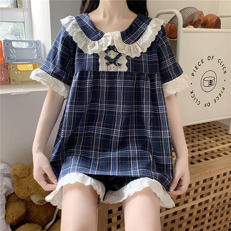 ルームウェア パジャマ セットアップ チェック柄 フリル トップス ショートパンツ 韓国ファッション レディース 上下セット 部屋着 ガーリー フェミニン DTC-639918013905_a