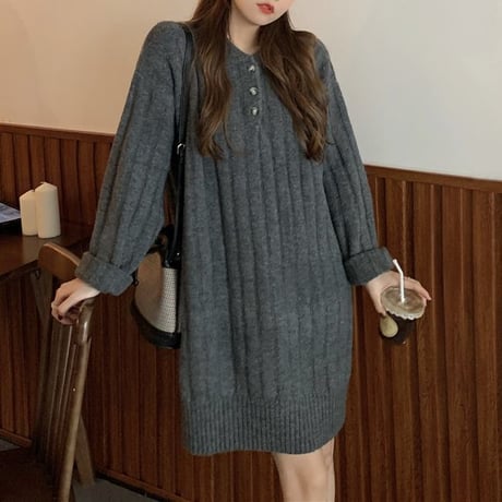襟付き ニットワンピース ポロニット 厚手 ニット ワンピース ゆったり 韓国ファッション レディース カジュアル 大人可愛い ガーリー DTC-658628360608