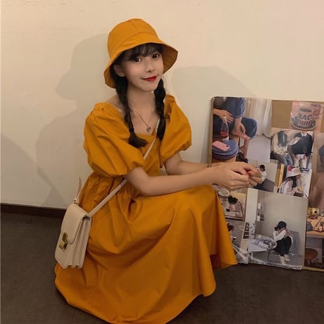 【5カラー】 ワンピース スクエアネック 帽子付き ハット付き パフスリーブ ゆったりウエスト 半袖 Aライン 韓国ファッション レディース 大人可愛い ガーリー DTC-617038004292