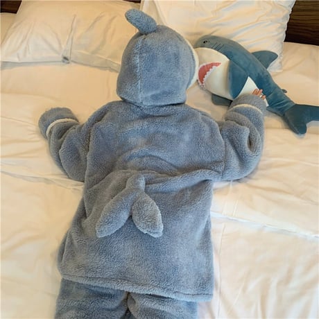 【ルームウェア】 フリース パジャマ セットアップ トップス + パンツ シャーク サメ 長袖 ブルー パープル 上下セット 韓国ファッション レディース ガーリー DTC-628699765024