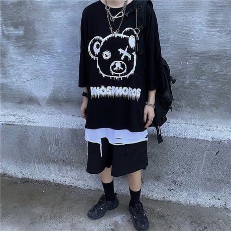 ユニセックス Tシャツ 半袖 メンズ レディース ラウンドネック クマちゃん ベアー プリント オーバーサイズ 大きいサイズ ルーズ ストリート TBN-620728922722