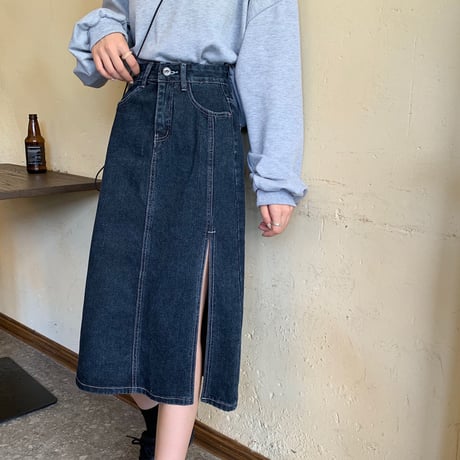 デニムスカート スリット ロングスカート 韓国ファッション レディース ハイウエスト Aライン 大人カジュアル かわいい ガーリー 626231864384