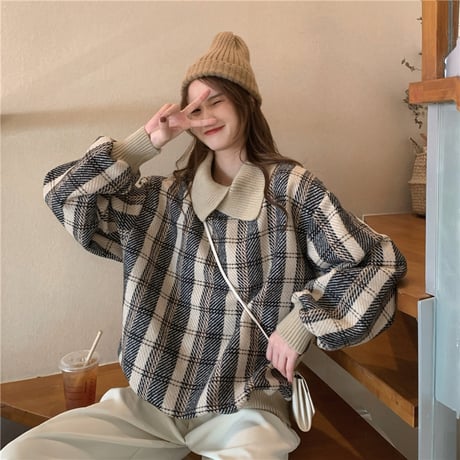 チェック柄 トップス ウールセーター プルオーバー ゆったり 韓国ファッション レディース POLOカラー ルージュ カジュアル 大人可愛い ガーリー DTC-631372798803