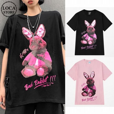 ユニセックス Tシャツ 半袖 ラウンドネック バッドラビット うさぎ プリント オーバーサイズ 韓国ファッション メンズ レディース ストリートファッション DTC-621638638683