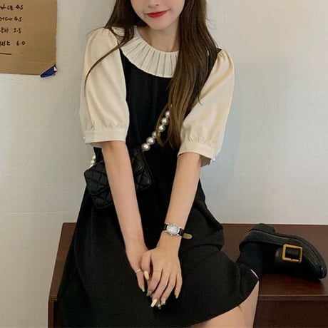 フェイクレイヤード ワンピース ラッフルカラー ルーズウエスト パフ袖 韓国ファッション レディース ドッキングワンピース 半袖 大人可愛い ガーリーDTC-650140231486)