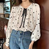 シアーブラウス ドット柄 水玉 シフォン リボン パフスリーブ トップス ブラウス シンプル 長袖 レトロ 大人可愛い ガーリー DTCA-901979467344