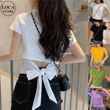 バックリボン tシャツ バックレス ウエスト見せ ショート丈 クルーネック 半袖 トップス レトロ 大人可愛い ガーリー カジュアル DTCA-732666685652