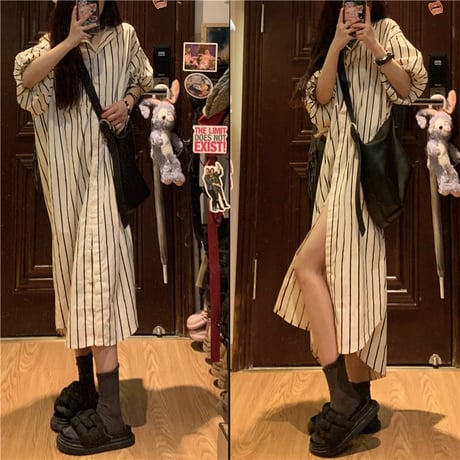 シャツワンピース ストライプ柄 ランタンスリーブ ポロカラー ロングワンピース 半袖 レトロ 韓国ファッション レディース 大人可愛い ガーリー カジュアル DTC-679398524331
