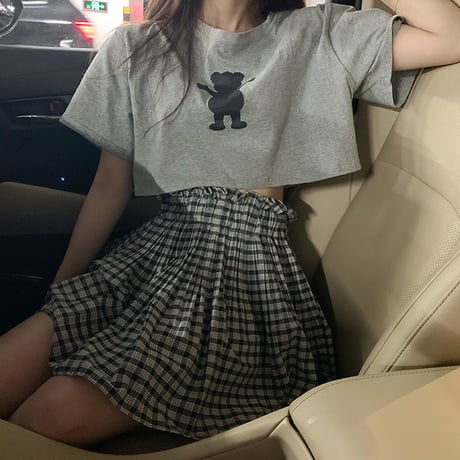 【セットアップ】 クロップド丈Tシャツ ＋ チェック柄 プリーツスカート 韓国ファッション レディース 2点セット 半袖 トップス ミニスカート ハイウエスト DTC-619171525060